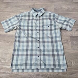 Woolrich Plaid Button Up Short‎ Sleeve Casual Shirt Mens Gray Blue L